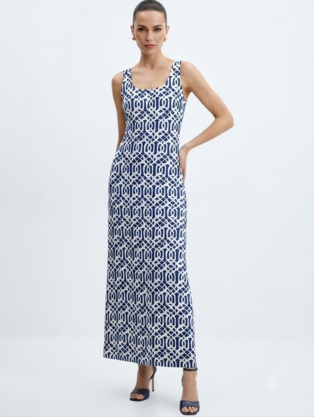 J. McLaughlin Geometric Print Maxi Dress Sz.S Catalina Cloth Stretch Coastal